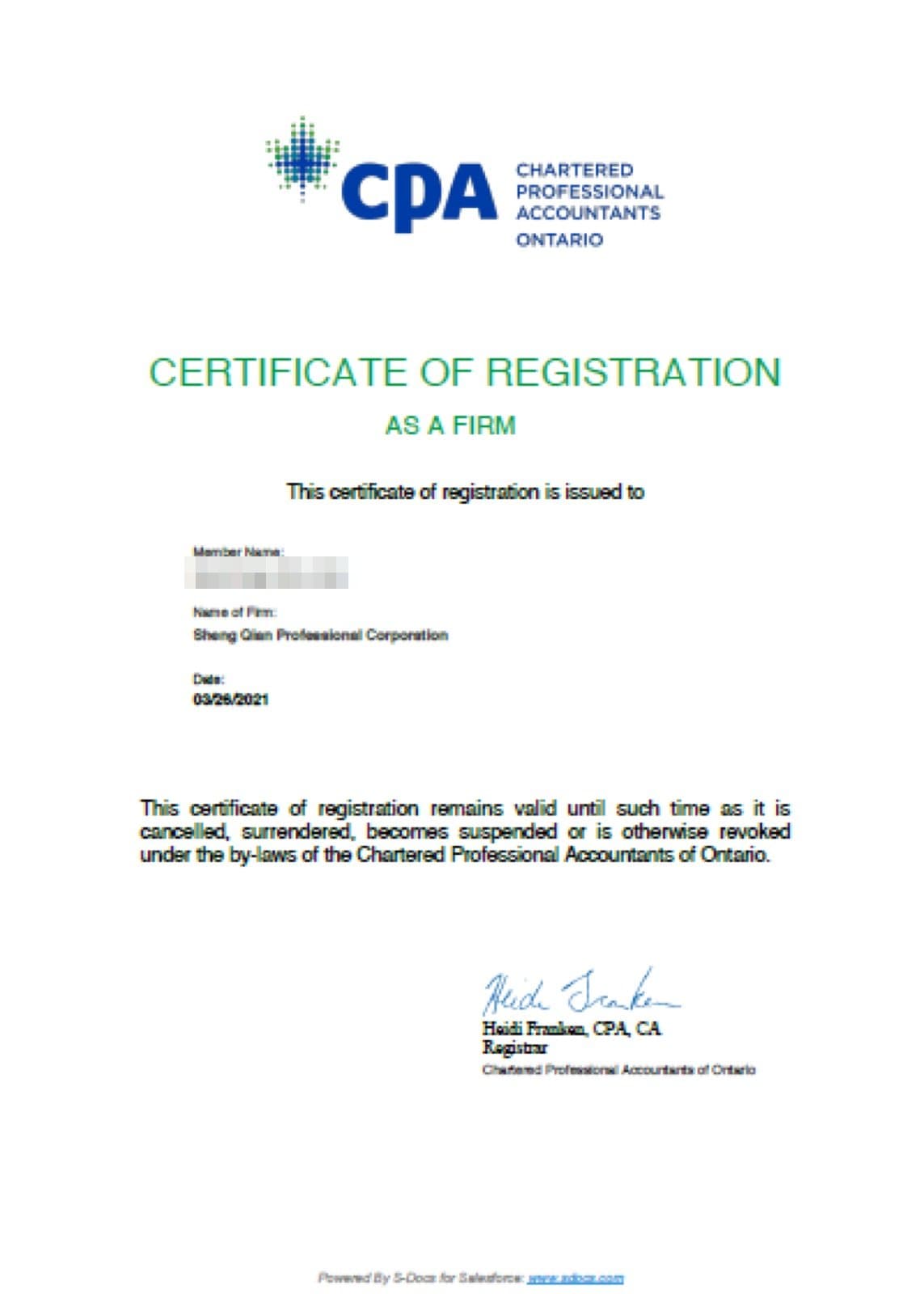 CPA Ontario Certificate of Registration as a Firm — Sheng Qian Professional Corporation